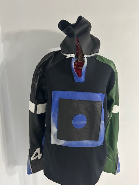 Detachable Hoodie Black Leather Sweatshirt
